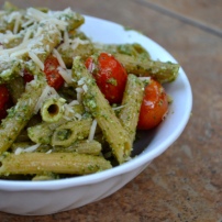 Parmesan Pesto Pasta with Roasted Balsamic Cherry Tomatoes